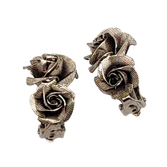 1950s Vintage Silver Mesh Rose Clip-On Earrings - Picture 3 of 8